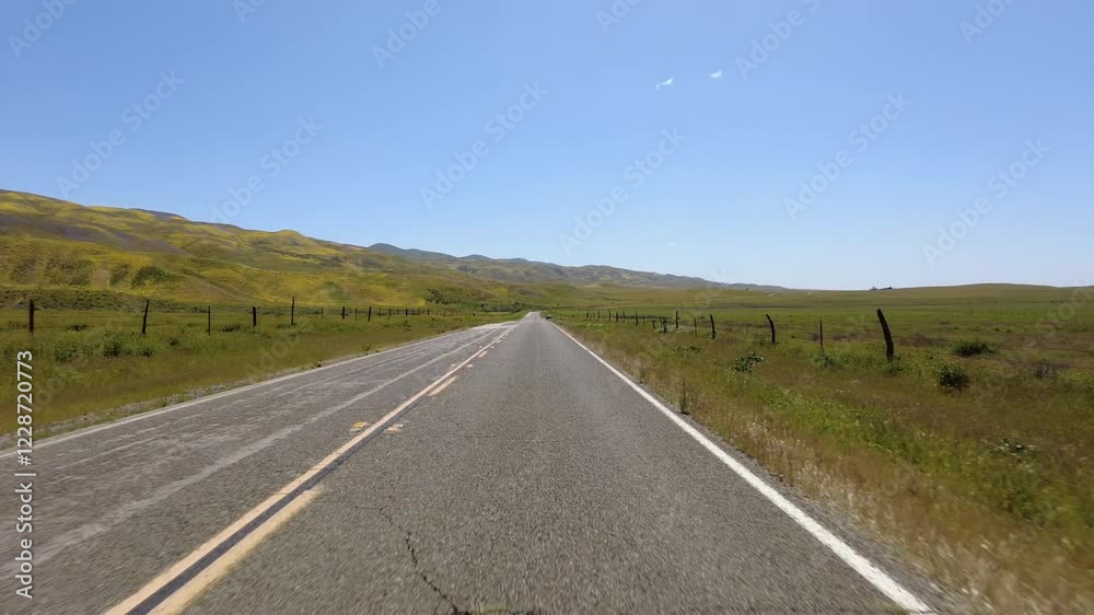 Carrizo Plain Highway 58 East Highway 02 Front View Driving Plates Super Bloom California USA Carrizo Plain Highway 58 East Highway 02 Front View Driving Plates Super Bloom California USA