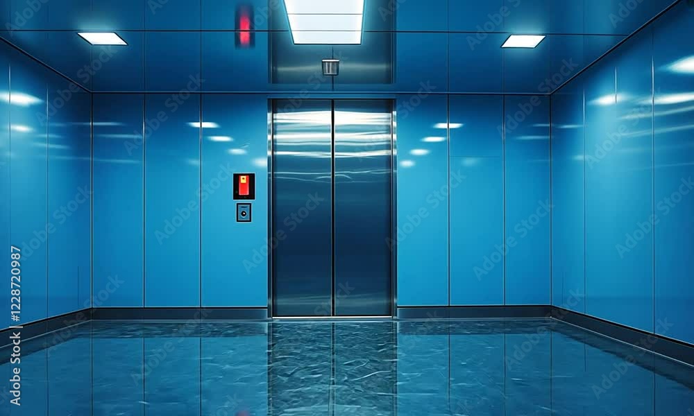 Modern blue elevator interior with reflective floor and illuminated ceiling in an urban setting
