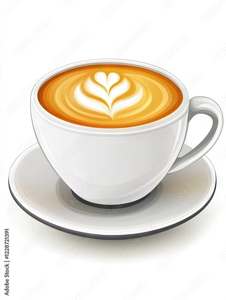 Latte art coffee cup, saucer, white background, cafe menu Latte art coffee cup, saucer, white background, cafe menu