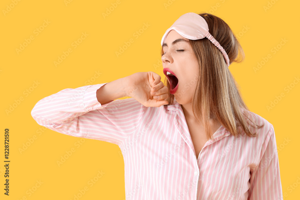 Portrait of pretty young woman in pajamas yawning on yellow background Portrait of pretty young woman in pajamas yawning on yellow background