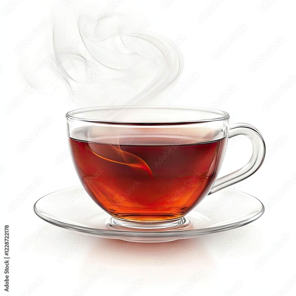 Steaming teacup on saucer, white background, relaxing beverage Steaming teacup on saucer, white background, relaxing beverage