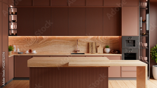 kitchen room interior in brown mocha mousse 2025 color with modern decoration - 3D rendering