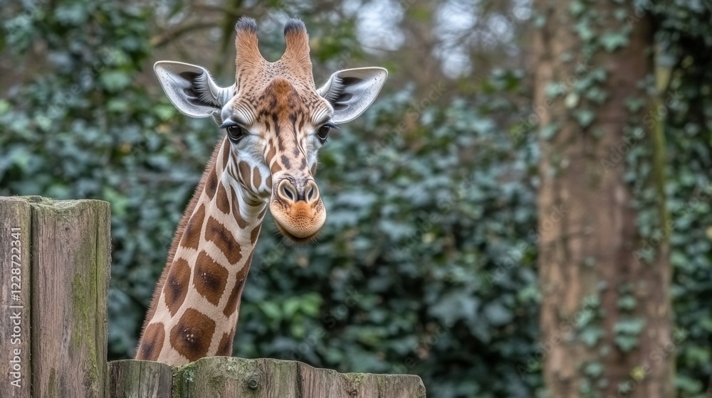 Giraffe Peeking Over Wooden Fence in Lush Green Forest Giraffe Peeking Over Wooden Fence in Lush Green Forest