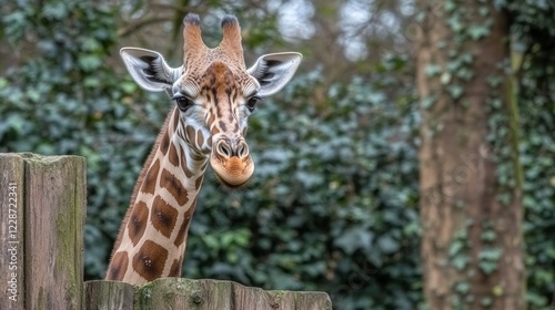 Wallpaper Mural Giraffe Peeking Over Wooden Fence in Lush Green Forest Torontodigital.ca