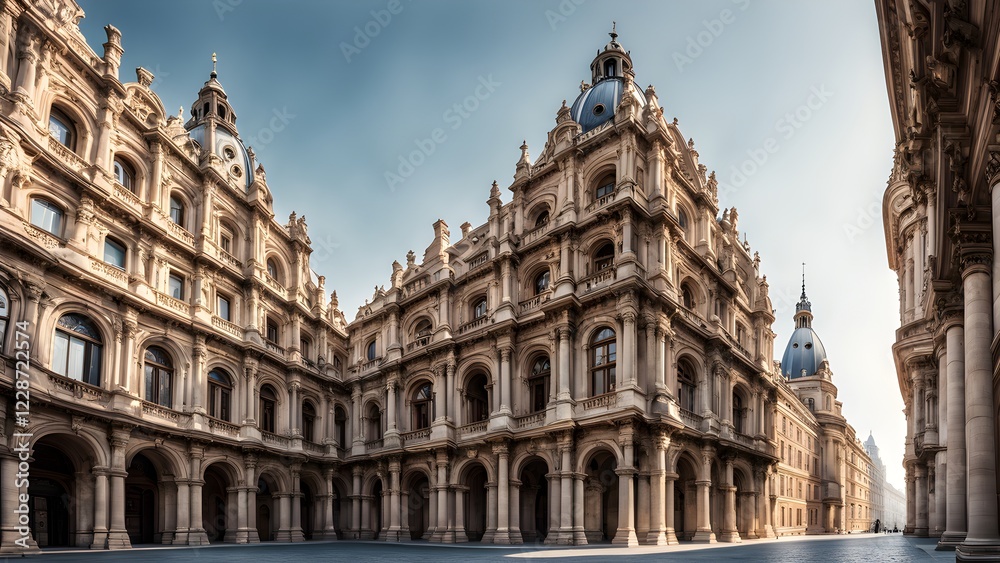 Grand architectural panorama of a sunlit European-style courtyard, showcasing ornate buildings with classical columns and domes.