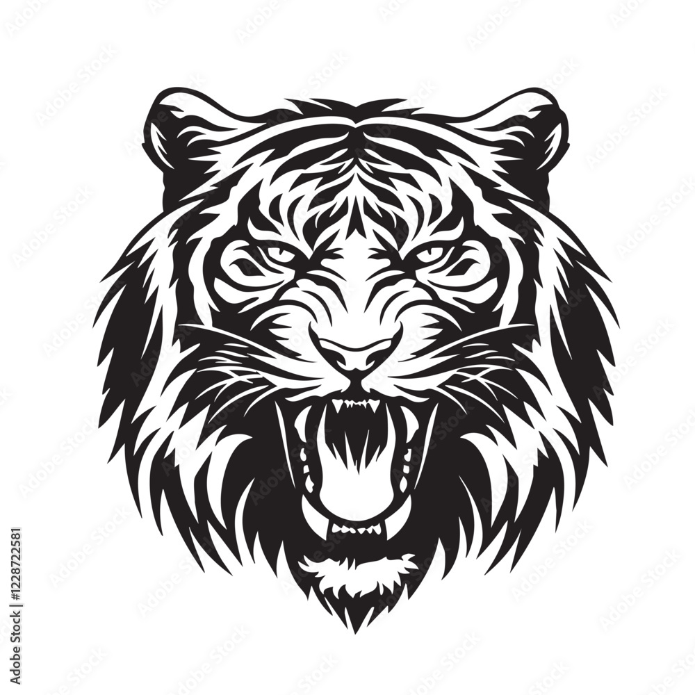 Bold black-and-white vector illustration of a tiger head with intricate details, sharp lines, and a fierce expression, perfect for versatile designs. Wildlife Animals. Bold black-and-white vector illustration of a tiger head with intricate details, sharp lines, and a fierce expression, perfect for versatile designs. Wildlife Animals.