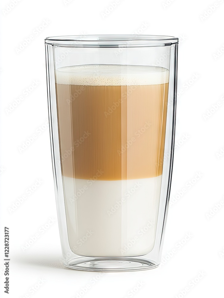 Latte in glass, cafe drink, white background, beverage layers, coffee shop Latte in glass, cafe drink, white background, beverage layers, coffee shop