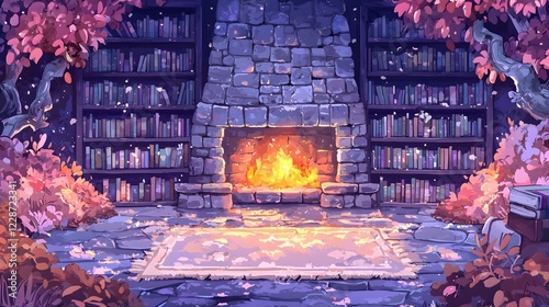 Cozy Fireplace Bookshelves Autumn Leaves Magical Library