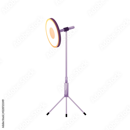 Round light bulb on tripod flat vector icon, ring light projector professional spotlight on stick stand studio equipment