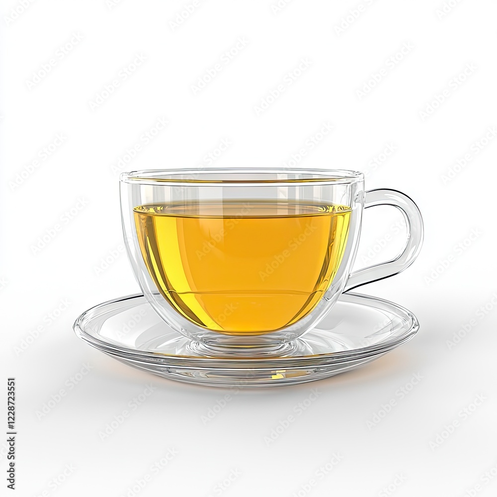 Glass teacup, amber tea, saucer, white background, studio shot, beverage image Glass teacup, amber tea, saucer, white background, studio shot, beverage image