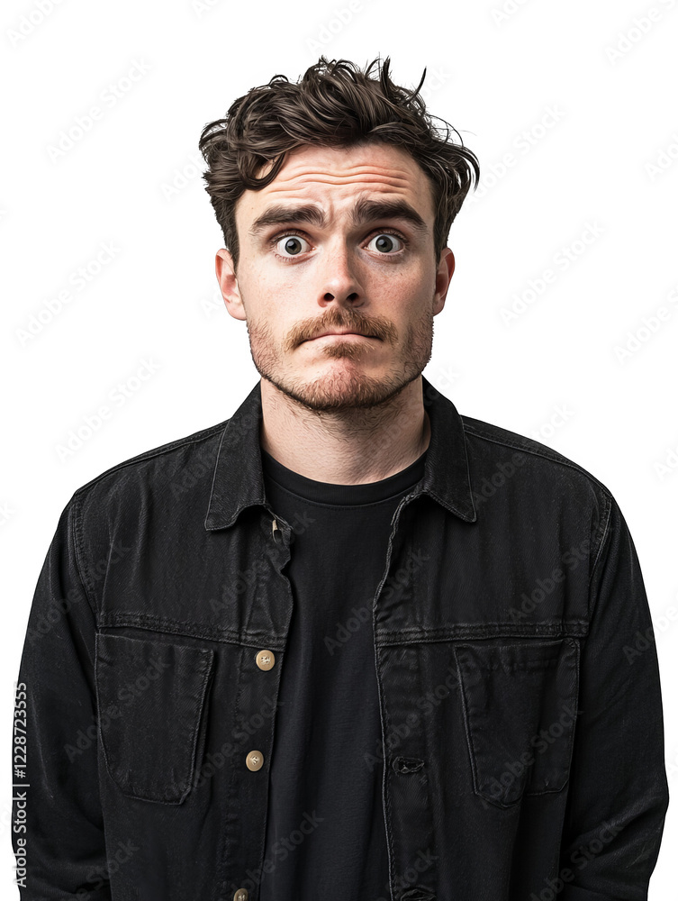 Obraz premium Young man with curly hair showing surprise expression against a dark background