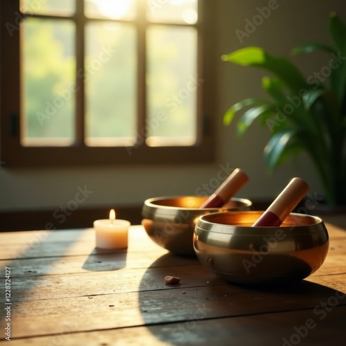 Tranquil atmosphere of Tibetan singing bowls on a wooden surface with lit candles and natural sunlight, wood, ambiance, brown