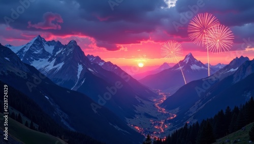 Twilight sky with fireworks over Hautes-Alpes mountains, hautes-alpes, mountains, twilight