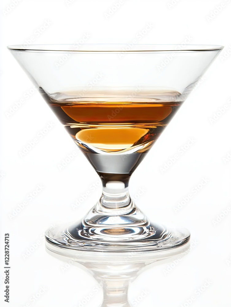 Amber liquid in a martini glass on white background; cocktail, drink, alcohol, beverage, bar