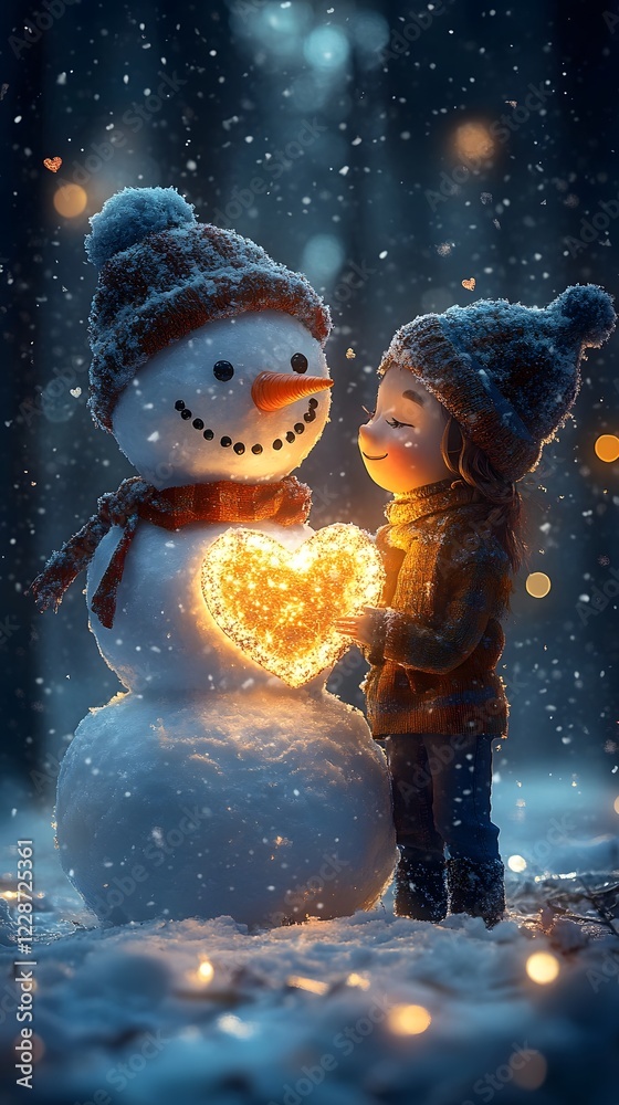 Snowman Holding Glowing Heart Embraced by Child in Winter Wonderland Snowman Holding Glowing Heart Embraced by Child in Winter Wonderland