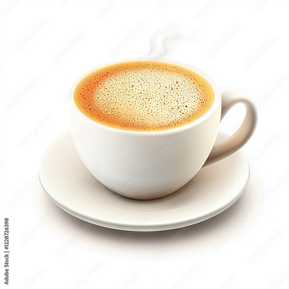 Steaming coffee cup, saucer, white background, breakfast, cafe