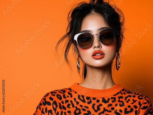 A woman wearing a leopard print sweater and sunglasses photo