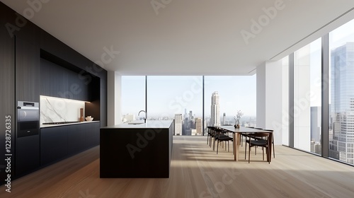 Modern open-plan kitchen with sleek black cabinetry, marble countertops, and pendant lighting over a spacious island. home interior design concept 