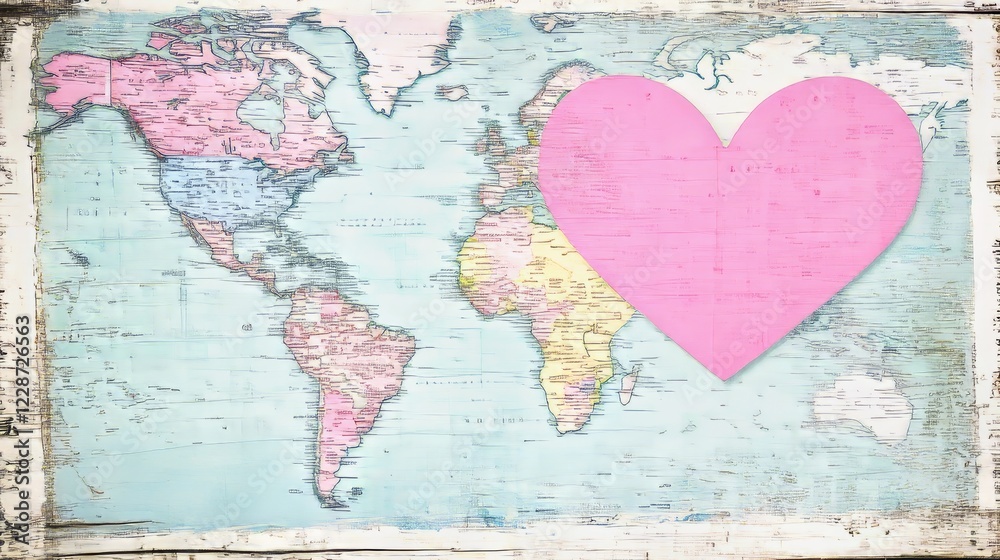 Fototapeta premium Global Love A World Map with Pink Heart Overlay