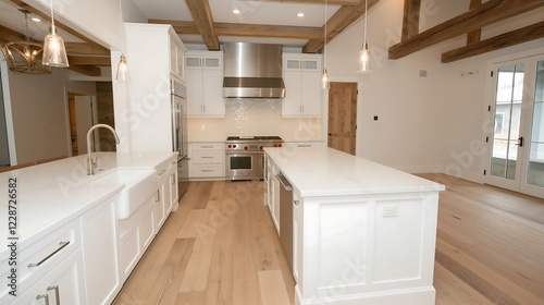 Rustic modern kitchen featuring reclaimed wood beams, stainless steel appliances, and an oversized farmhouse sink. home interior design concept 