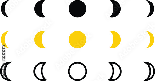 Moon and Crescent Icon in flat, line Set Vector Design for apps or website isolated on transparent background moon Lunar phases, cycles vector clipart. New, Full Moon, Waning Crescent