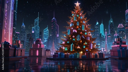 Majestic Christmas tree adorned with glowing ornaments and presents, set against a futuristic city skyline, evoking holiday cheer and modern celebration.