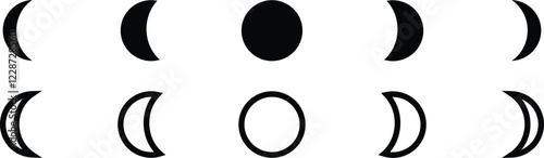 Moon and Crescent Icon in flat, line Set Vector Design for apps or website isolated on transparent background moon Lunar phases, cycles vector clipart. New, Full Moon, Waning Crescent