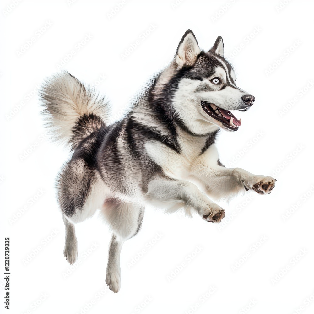 Siberian Husky jumping with all four paws off the ground in excitement Siberian Husky jumping with all four paws off the ground in excitement