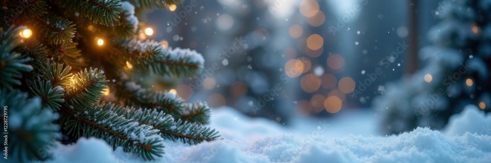 Sparkling snowflakes fall gently on a serene festive noel background with twinkling lights and pine branches, snowy flakes, twinkle lights, evergreen trees Sparkling snowflakes fall gently on a serene festive noel background with twinkling lights and pine branches, snowy flakes, twinkle lights, evergreen trees