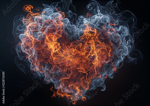 Heart-Shaped Orange and White Smoke, Swirling Movement on Black Background, Striking Contrast of Colors