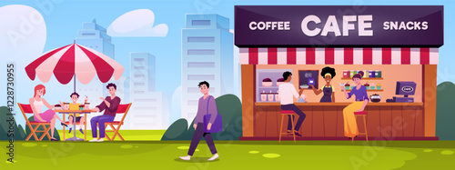 Vector illustration of cityscape with street cafe and people.