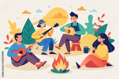 illustration of friends gathered around a campfire
