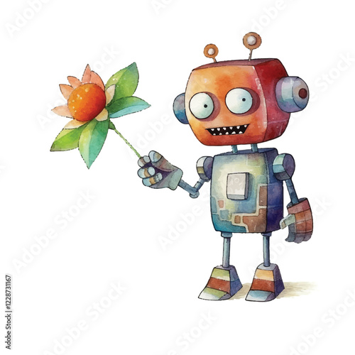 watercolors A whimsical robot holding a flower illustration
