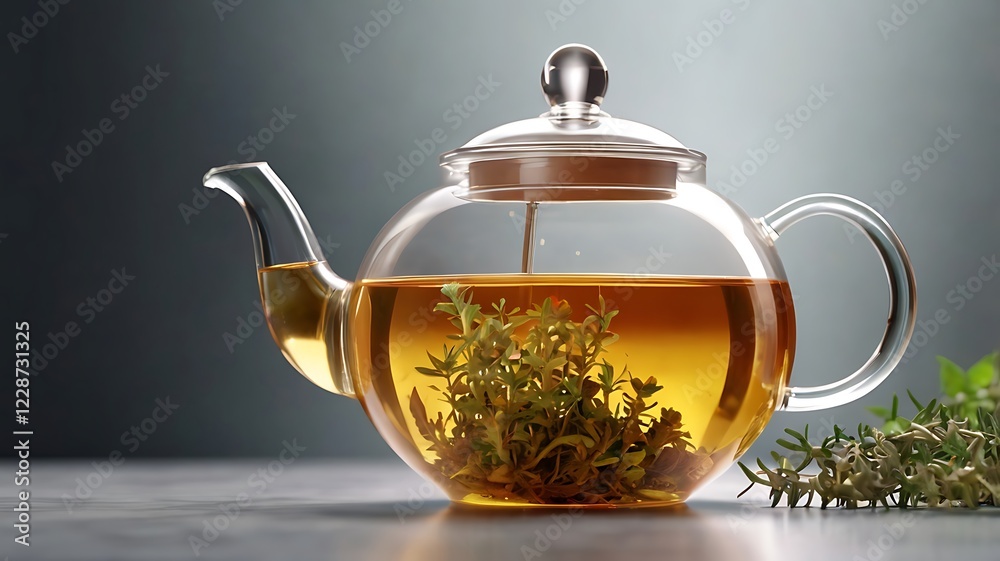 A herbal infusion in a transparent teapot, 3D rendering. A herbal infusion in a transparent teapot, 3D rendering.