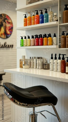 Brightly colored hair products displayed on shelves in a modern salon interior during daytime