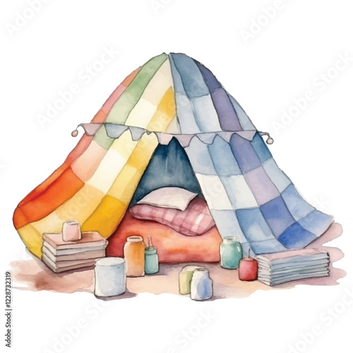 watercolors cozy blanket fort made of pillows illustration