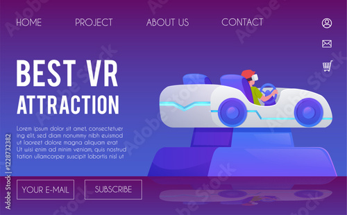 Illustration of a VR entertainment website banner with a character in a gaming car.