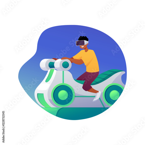 Kid in VR glasses sitting on motorbike moving seat playing in Virtual reality videogames attraction, vector simulation