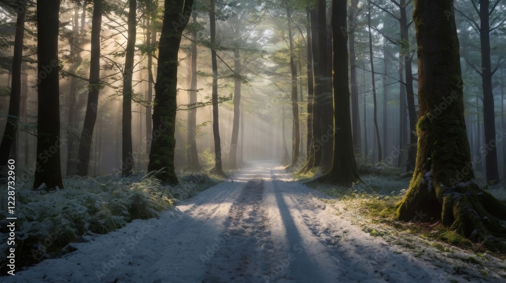 Fototapeta premium Sunlight through the snowy forest path creates a magical and serene atmosphere