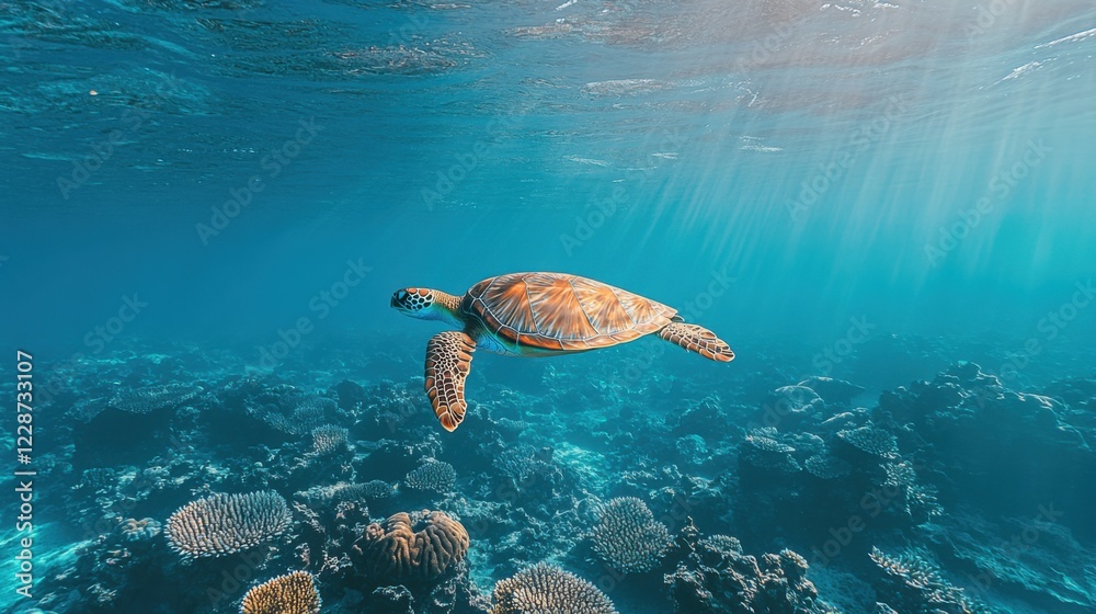 Obraz premium Graceful Sea Turtle Gliding Through Clear Blue Ocean Waters Surrounded by Coral Reefs: Showcasing Elegance and Underwater Habitat of Sea Turtles with Detailed View