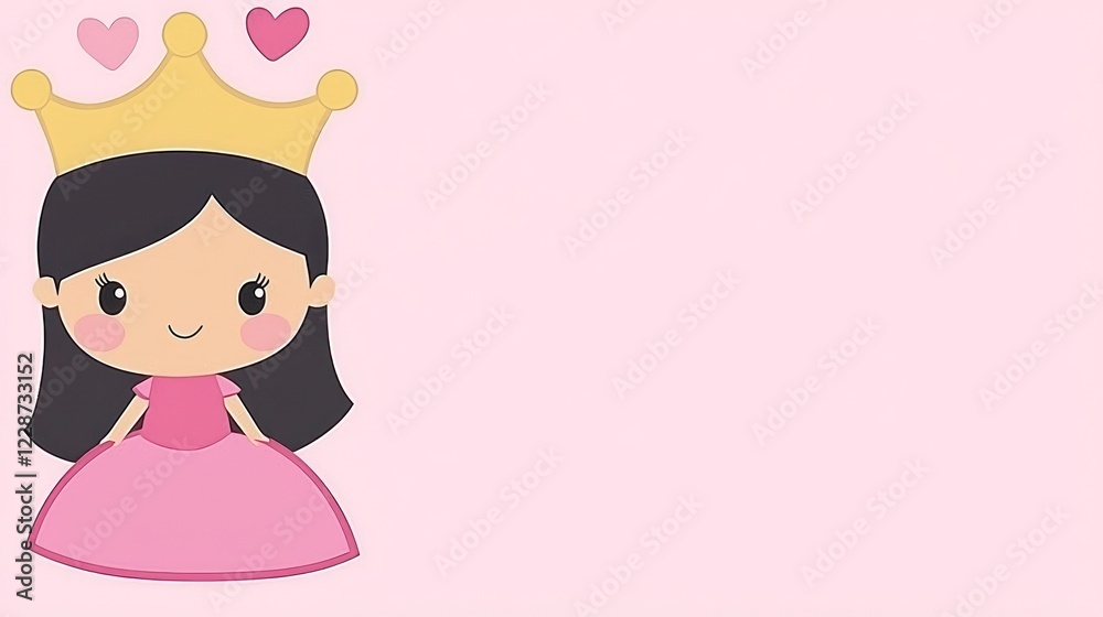 Princess cartoon, pink background, hearts, greeting card design Princess cartoon, pink background, hearts, greeting card design