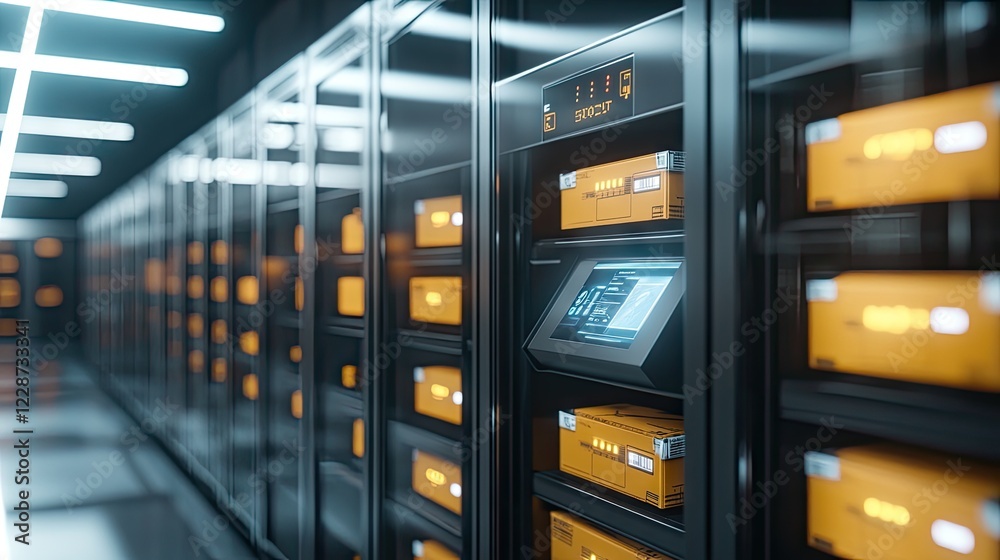A close-up of a futuristic parcel locker scanning smart-packaged deliveries A close-up of a futuristic parcel locker scanning smart-packaged deliveries
