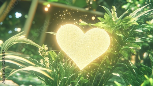 Glowing Heart in Lush Tropical Garden Paradise