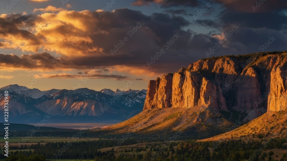 Obraz premium Majestic Mountains at Sunset with Dramatic Clouds and Golden Light on Cliffs
