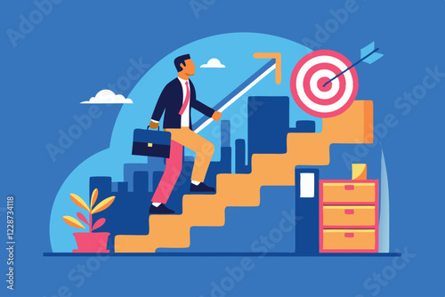 Man ascending staircase of success and target