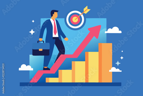Man ascending staircase of success and target