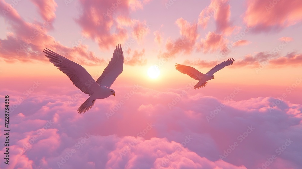 Fototapeta premium Eagles soaring sunset cloudscape; peaceful flight, digital art, inspirational