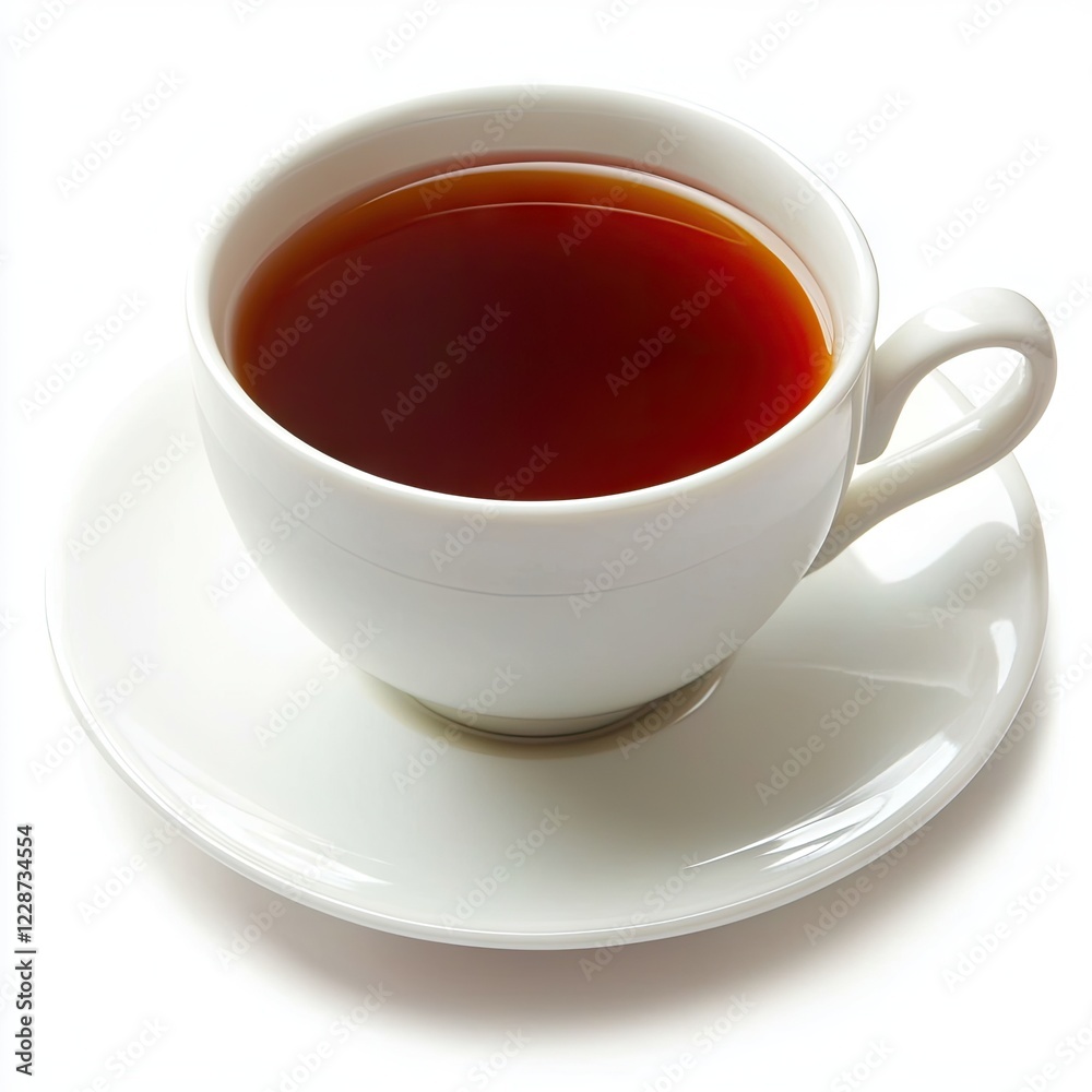 Hot tea cup saucer white background breakfast beverage