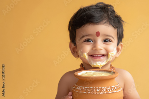 indian fair baby boy with a earthern pot full of yogurt and some yogurt applied to cheeks cuddly chubby boy photo