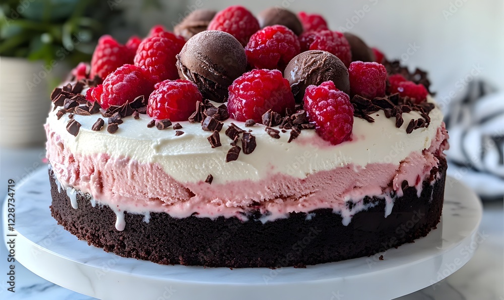 Chocolate Raspberry Truffle Ice Cream Cake, Generative AI Chocolate Raspberry Truffle Ice Cream Cake, Generative AI